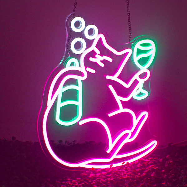 Funny Cat Beer Neon Sign|Pink Animal Bar Light Up Signs for Bedroom|Birthday Party Home Bar Decor