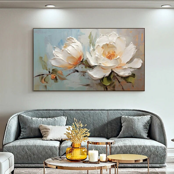 Large Original White Floral Oil Painting On Canvas,3D Textured Wall Art Palette Knife Painting,Living Room Wall Art Floral Calming Painting