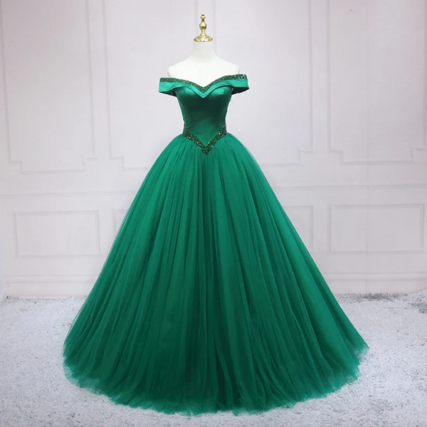 Women Dark Green Off Shoulder Prom Dress