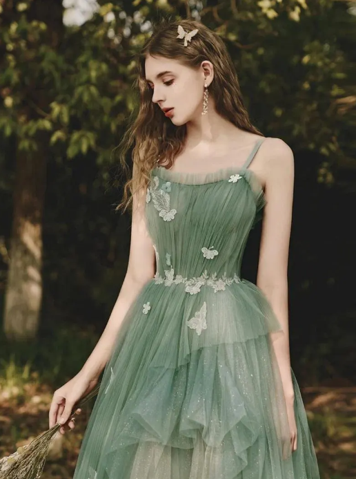 Green Butterfly Princess Prom Gowns,Fairy Prom Dress,Elegant Party Dress,Evening Gowns,Bridesmaid Dress,Graduation Dress,Wedding Party Dress