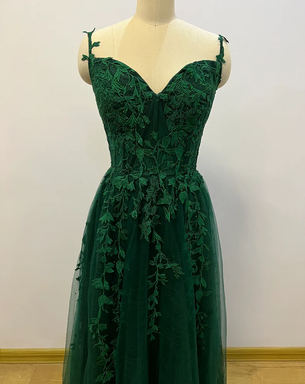 Personalized Dark Green Embroidery Tulle Evening Gowns,Elegant Party Dress,Prom Dress,Princess Gowns,Bridesmaids Dress,Wedding Dress,Off Shoulder Dress