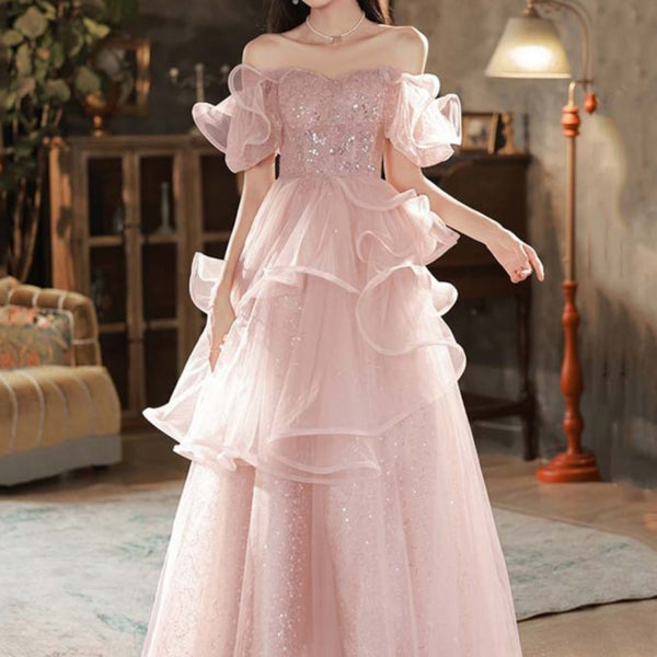 5"4 Custom Fairy Pink Sequin Off Shoulder Prom Gown,Tulle Prom Dress,Lace Prom Dress,A Line Ball Gown,Evening Dress,Cocktail Dress,Strapless Dress