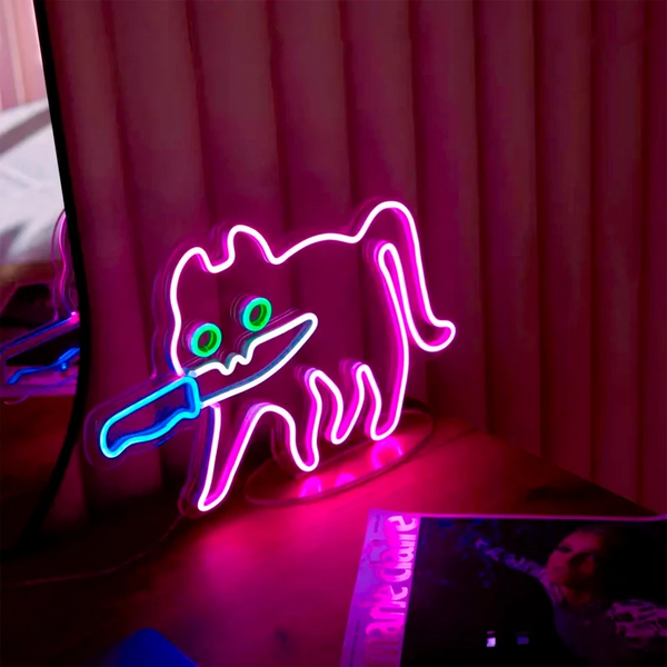 Sneaky Cat Neon Sign | Fun LED Lights on a Stand | Gift for Partner or Kids | Cute Bedroom Mood Booster Light | Comical Mischievous Kitten