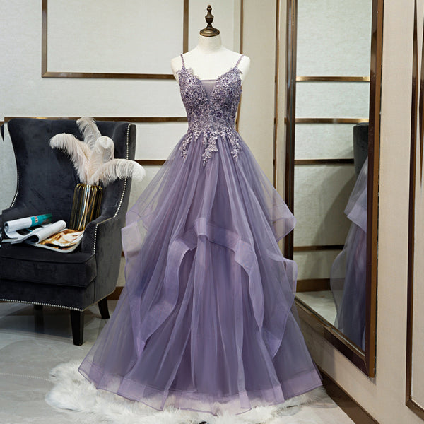 Bust: 36in Waist: 30in Shoulder width: 14.5 in Height: 5’4 Wight: 145 Hip circumference: 44in A Line V Neck Purple Evening Gowns,Long Prom Dresses,Tulle Evening Dress,Wedding Party Dresses,Elegant Dress for Girls,Graduation Gown,Dress