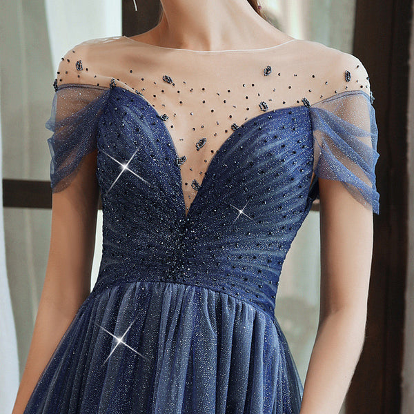 Women Deep Blue V Neck Prom Dress