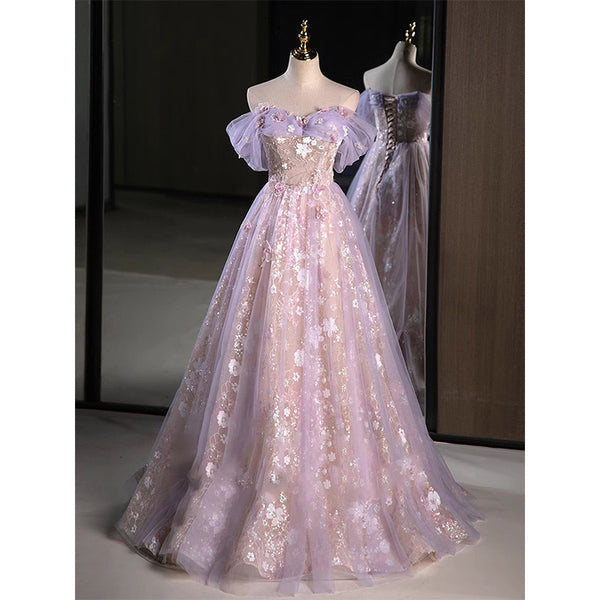 1,Bust: 82cm Waist: 71cm Weight: 105 pounds  Net height: 165 cm Shoe height: 10 cm Dreamy Purple Floral Tulle Prom Dress,Prom Dress,Elegant Prom Gown,A Line Ball Gown,Evening Dress,Cocktail Dress,Long Dress,Strapless Dress