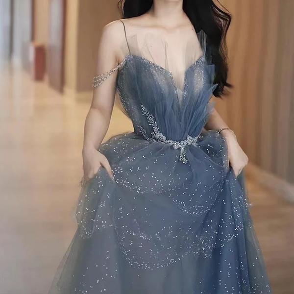 Bust: 80 cm Waist: 61 cm  Net height: 5’4” Shoe height: 1 inch Blue Tulle Evening Gowns,Fairy Gowns,Princess Gowns,Bridesmaids Dress,Wedding Dress,Elegant Party Dress,A Line Prom Dress,Gifts for Girls