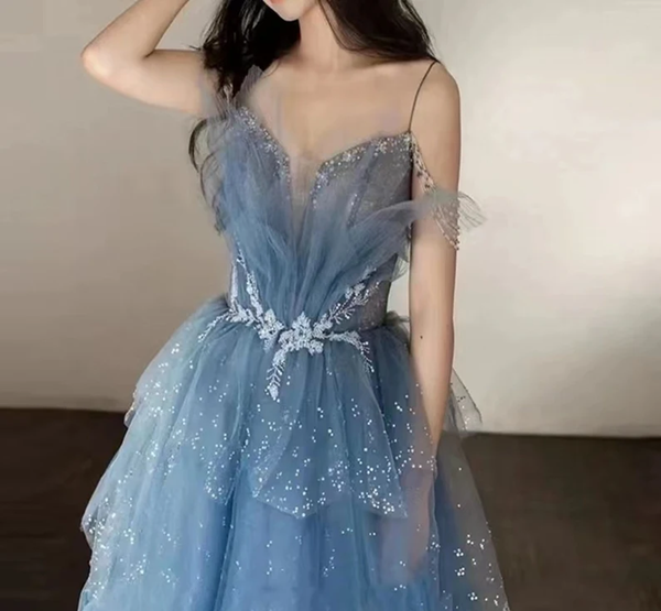 Net height is 137cm Bust: 89cm Waist: 71cm  Blue Tulle Evening Gowns,Fairy Gowns,Princess Gowns,Bridesmaids Dress,Wedding Dress,Elegant Party Dress,A Line Prom Dress,Gifts for Girls