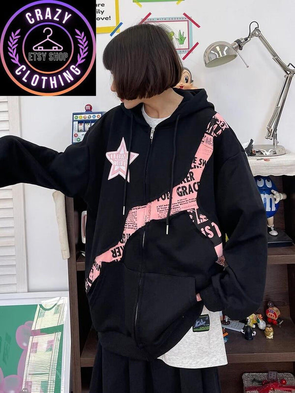 Y2K Patchwork Star Hoodie, Puff Print Stitched Star Zip Up, American Streetwear Hooded Sweatshirt, High Street Hip Hop Grunge Sweater