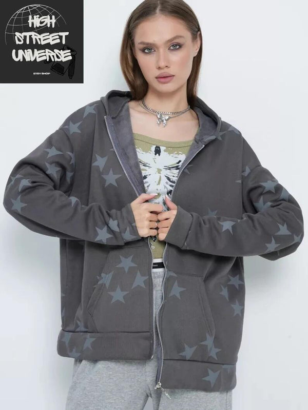 Y2K Star Print Zip Up Hoodie, High Street American Streetwear, Casual Style Geometric Rap Hoodie, Hip Hop Grunge Aesthetic Sweatshirt