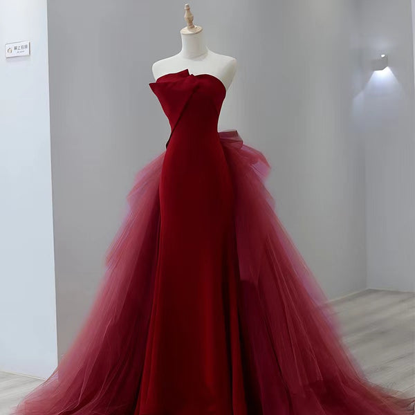 Two yellow dresses and one red Dress, Unique Prom Dress, Long Fairy Tulle Dress, Wine Red Wedding Dress, Princess Prom Dress, Evening Prom Dress