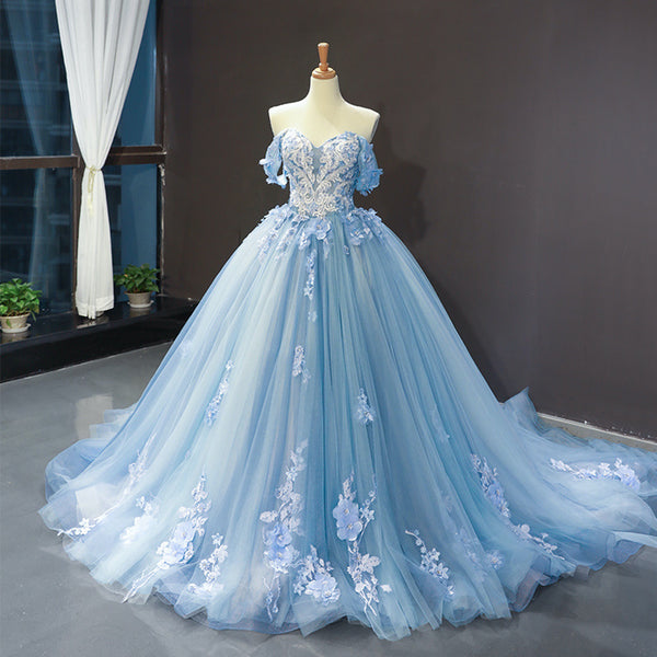 1Custom Blue Floral Off Shoulder Prom Gown,Tulle Prom Dress,Lace Prom Dress,A Line Ball Gown,Evening Dress,Cocktail Dress,Long Dress,Strapless Dress