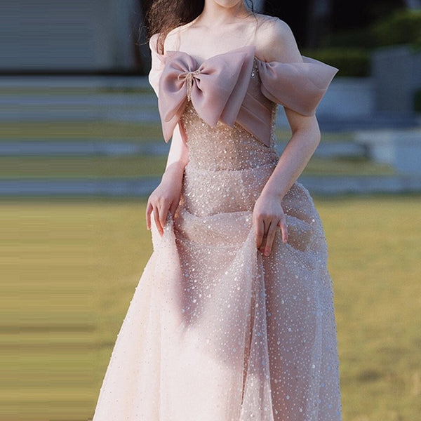 Chest 31 waist 25 height 5'1" Sweetheart Bow Tie Off Shoulder Prom Gown,Pink Prom Dress,Prom Dress,A Line Dress,Party Dress,Evening Dress,Cocktail Dress,Birthday Dress