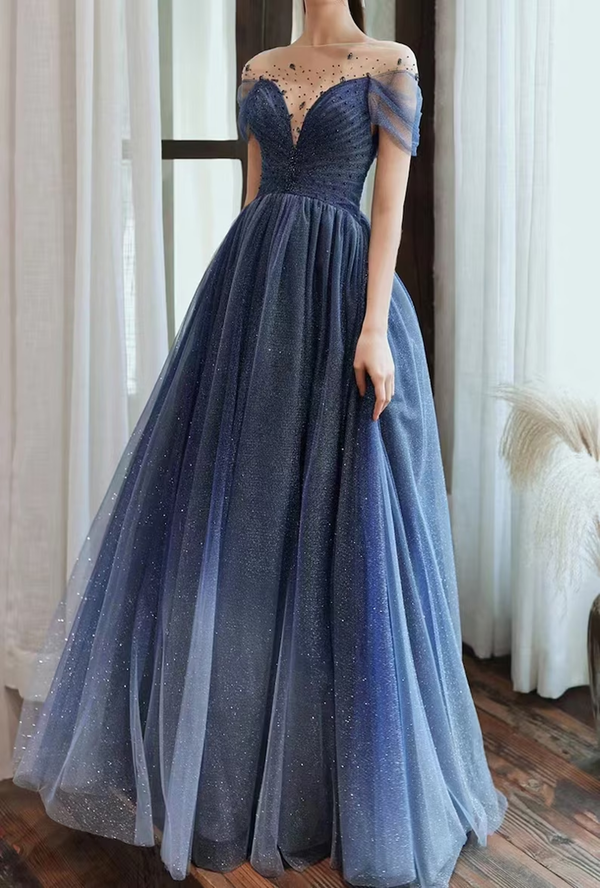 Bust: 72.5 cm Waist: 58.5 cm  Weight: 90 pounds Height: 5’ 5“ Shoe height: 1.5 inch Ombre Blue Off Shoulder Prom Gown,Tulle Prom Dress,Lace Prom Dress,A Line Ball Gown,Evening Dress,Cocktail Dress,Long Dress,Strapless Dress