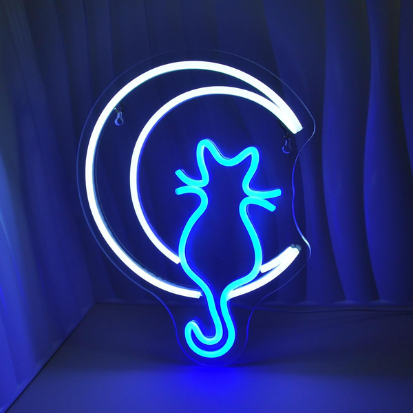 Moon Cat Neon Signs for Wall Decor | White Blue LED Light Sign for Preppy Room Decor | Light Up Sign for Birthday Party Decoration