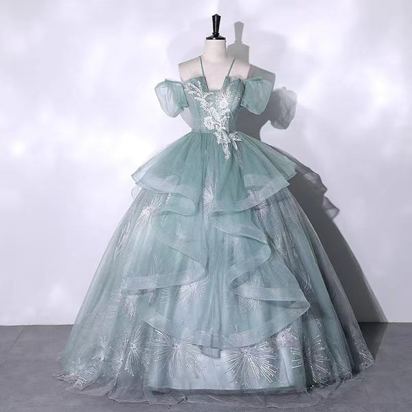 Chest 40in Waist 37in Green Tulle Prom Dress, Fairy Long Prom Gown, A-Line Prom Dress, Graduation Dress, Princess Party Dress, Slip Prom Gown, Green Ball Gown