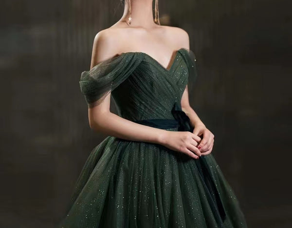 Chest 86 cm Waist 72 cm Off Shoulder Green Princess Dress, Fairy Prom Dress, A-Line Ball Gown Evening Party Dress, Graduation Prom Dress, Elegant Dress for Girls