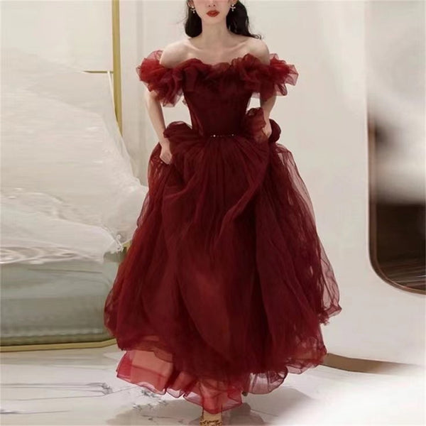 Bust 33 Waist 26 Hips 36 Burgundy Off Shoulder Prom Dress, Unique Prom Dress, Long Fairy Tulle Dress, Wine Red Wedding Dress, Princess Prom Dress, Evening Prom Dress