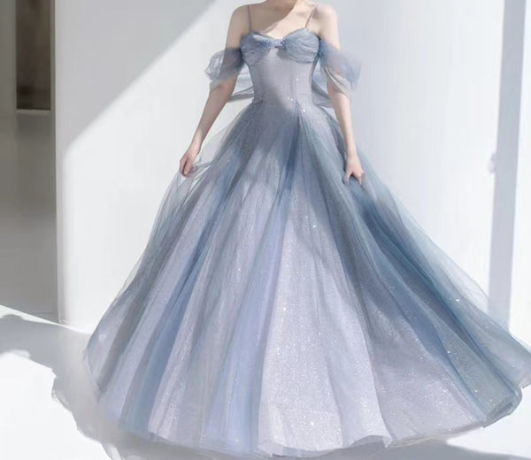 Bust: 36" Waist: 27" in Fairy Blue Prom Gown, Split Prom Dress, Long Prom Dress, Evening Tulle Gown, Princess Dress, Graduation Dress, Lace Prom Dress Gifts For Her