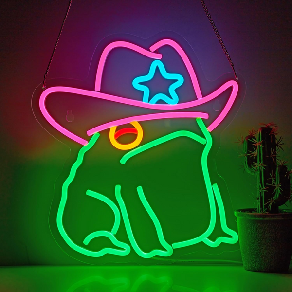 Frog Neon Light Cowboy LED Sign | Cowboy Toad Neon Sign | USB Powered Dimmable Art | Signs for Pub Store