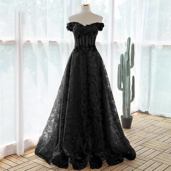 Women Black Off Shoulder Princess Prom Dress