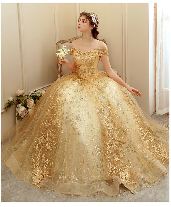 Gold Embroidered Prom Gown Dress