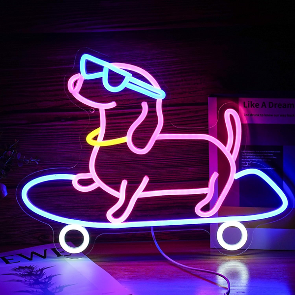 Skateboard Dog Neon Sign | Cute Glasses Dog LED Neon Light | Sign for Bedroom | Pet Shop Decor