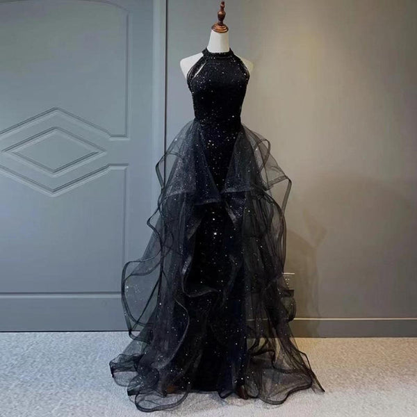 Chest 36 1/2. Waist 30 inches at smallest point. Height 5'7" Custom Halter Neck Black Prom Gown,Tulle Prom Dress,Cocktail Dress,Evening Gown,Elegant Dress,Party Dress,Princess Dress,Gifts For Her,Gifts Idea