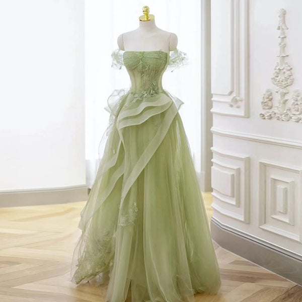 Green Off Shoulder Tulle Long Prom Dress