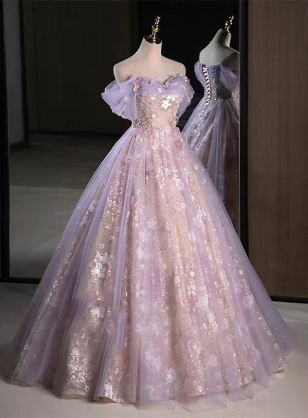 Bust:79cm Waist:69cm Net height:142cm Dreamy Purple Floral Tulle Prom Dress,Prom Dress,Elegant Prom Gown,A Line Ball Gown,Evening Dress,Cocktail Dress,Long Dress,Strapless Dress