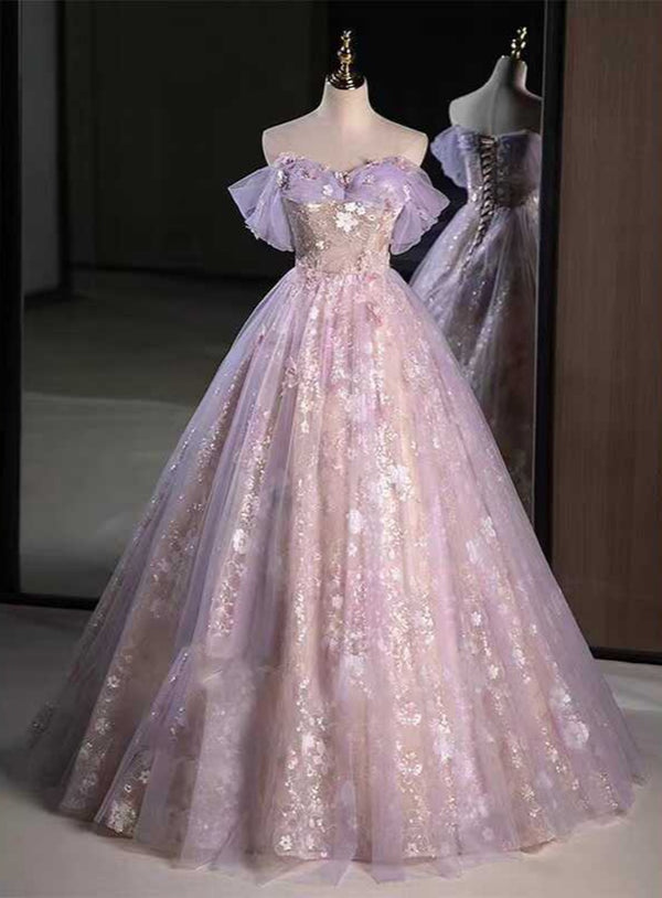 Bust 89 cm waist. 64 cm length from shoulder to foot 1m.23 Dreamy Purple Floral Tulle Prom Dress,Prom Dress,Elegant Prom Gown,A Line Ball Gown,Evening Dress,Cocktail Dress,Long Dress,Strapless Dress