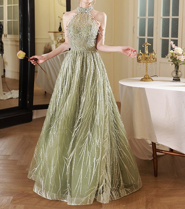 Bust : 33 Waist : 29 Weight : 110 pounds Height : 5"4 Halter Neck Green Tulle Prom Dress,Tulle Prom Gown,Lace Prom Gown,A Line Ball Gown,Evening Dress,Cocktail Dress,Long Dress,Strapless Dress