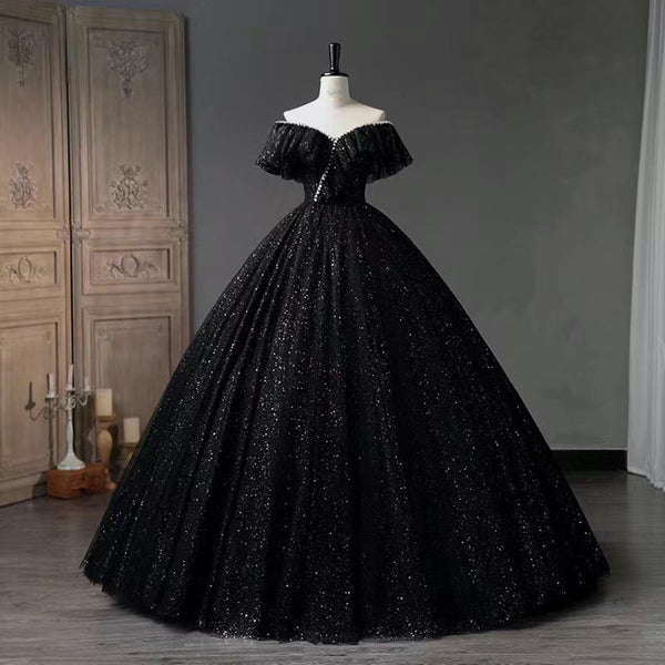 height 162cm waist 71-73cm bust 81-84cm Custom Black Glitters Tulle Prom Dress, Off Shoulder Black Formal Prom Dress, A line Long Long Fairy Prom Gown, Evening Ball Gown, Bridesmaid Dress