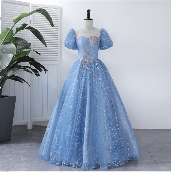 Bust: 37 inches Waist: 38 inches  Weight: 64.5kg Net height: 61 inches Shoe height: 63 inches  Blue Short Sleeve Ball Gown, Princess Tulle Prom Dress, Blue Prom Dress Formal Prom Dress, Evening Dress, Evening Ball Gown Maxi Party Dress