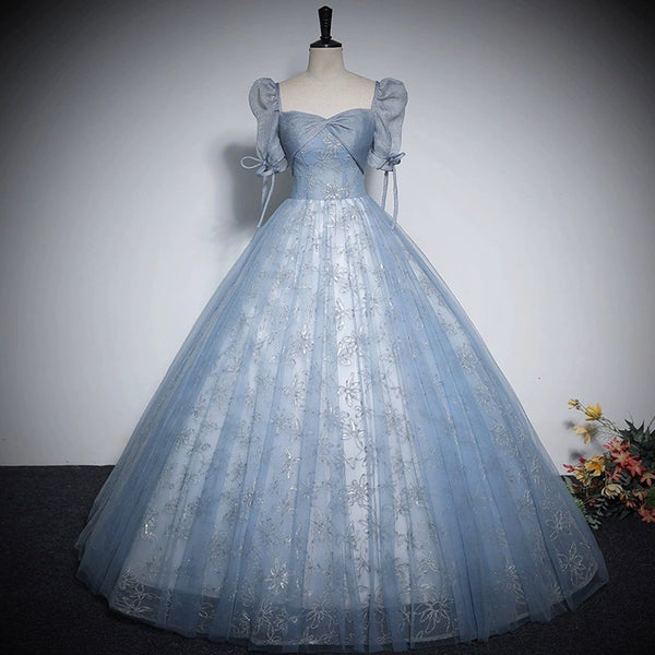 Bust: 37" Waist: 31" Weight: 62KG Height: 5'4"  Blue Floral Print Tulle Ball Gown, Short Slevees Blue Prom Dress, Formal Prom Dress, A line Fairy Prom Dress, Evening Ball Gown, Maxi Dress