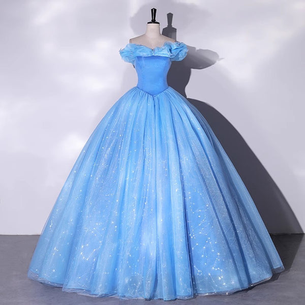 Bust: 36" Waist: 29" Weight: 135 lbs Height: 5'9"  Blue Off Shoulder Tulle Ball Gown, Blue Prom Dress, Formal Prom Dress, A line Fairy Prom Dress, Evening Ball Gown, Maxi Dress, Party Dress