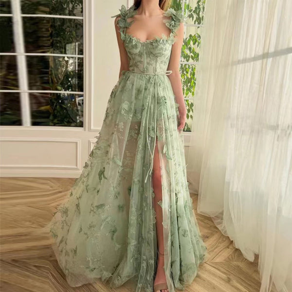 Green Butterfly Slip Tulle Prom Dress